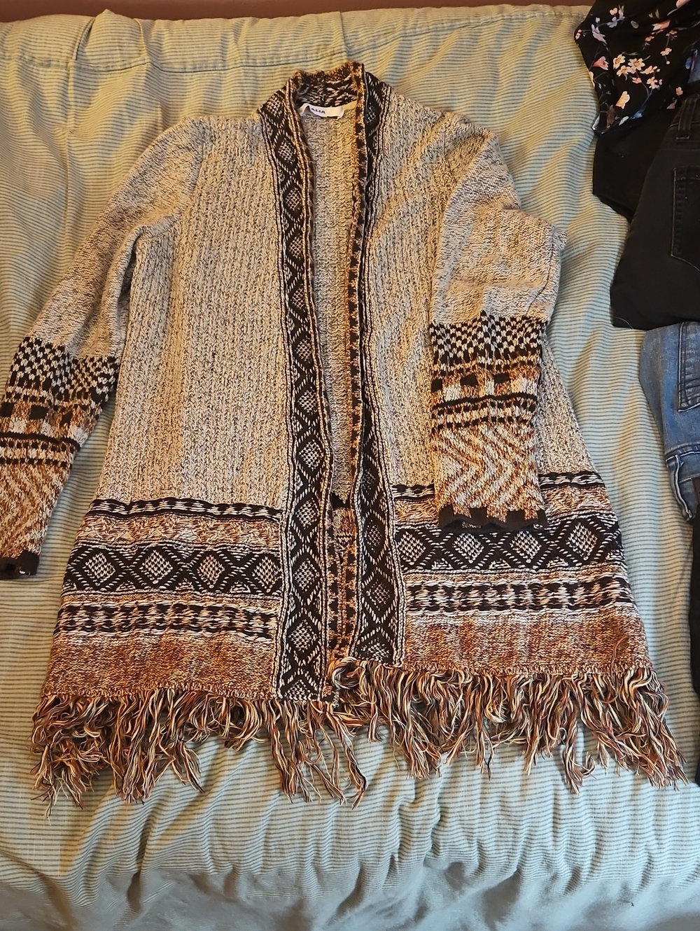Alia Beige Cream Brown Fringe Knit Cardigan